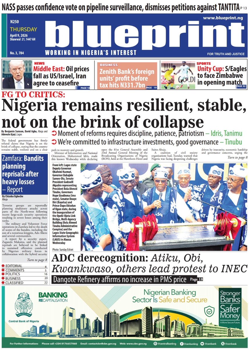 Blueprint_ng's tweet image. #Newspaper front page stories you don’t want to miss today.

From politics to business, security to national headlines, it’s all making waves right now.

Get the full breakdown, deeper insights, and complete reports.

Read the full copy at blueprint.ng