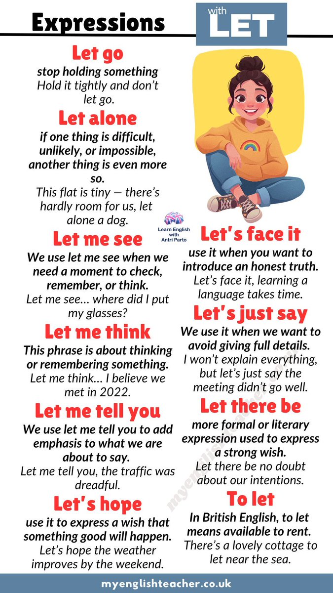 MyLinguaAcademy's tweet image. Use some useful common expressions with LET
#learnenglish #ESL #EFL #B2First #C1Advanced #MyLinguaAcademy