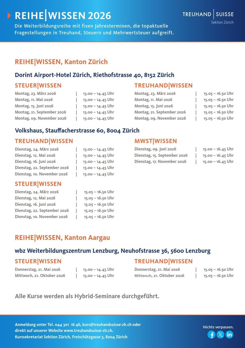 REIHE|WISSEN 2026 – Sind Sie fachlich auf dem neuesten Stand? 📚

Aktuelle Entwicklungen in Treuhand, Steuern &amp; MWST praxisnah erklärt. Einstieg weiterhin jederzeit möglich

Infos &amp; Anmeldung:
Zürich: treuhandsuisse-zh.ch/education/2026…

Aargau: treuhandsuisse-zh.ch/education/2026…

#REIHE|WISSEN #TSZH