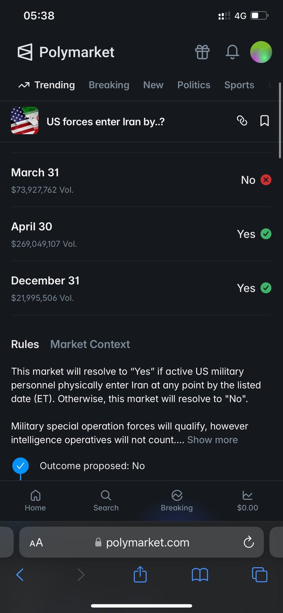 vibecotton's tweet photo. @Polymarket can you pls tell us when did #USA forces entered #iran by forced that you gave outcome that they did https://t.co/2t67wTXdbS