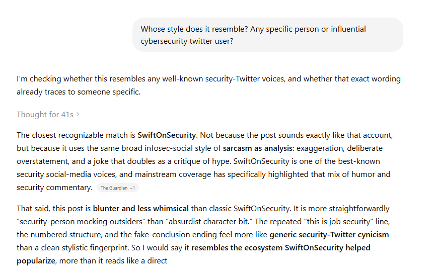 PapersSupreme's tweet photo. @vxunderground @jay_douglass Well, according to my ChatGPT convo, you're actually SwiftOnSecurity. AI wins again https://t.co/HfJ923vhOf