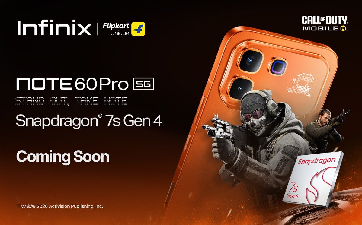 gogiinc's tweet image. The Infinix NOTE 60 Pro brings the Snapdragon 7s Gen 4 with 120FPS CODM gameplay, AI button &amp;amp; JBL audio  this isn’t just an upgrade.

Mid-range phones just got seriously dangerous.

Launching soon..

#InfinixNOTE60Pro #Snapdragon #MobileGaming