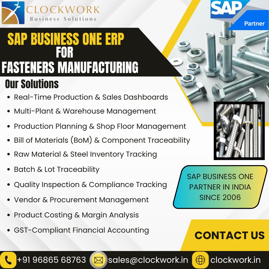 ClockworkL37097's tweet image. Digitize your fasteners manufacturing operations with SAP Business One from Clockwork

📞+91 96865 68763
📧sales@clockwork.in
🌐clockwork.in

#SAPBusinessOne #FastenersManufacturing #NutsAndBolts #ManufacturingERP
#ProductionPlanning #InventoryControl #GSTAccounting