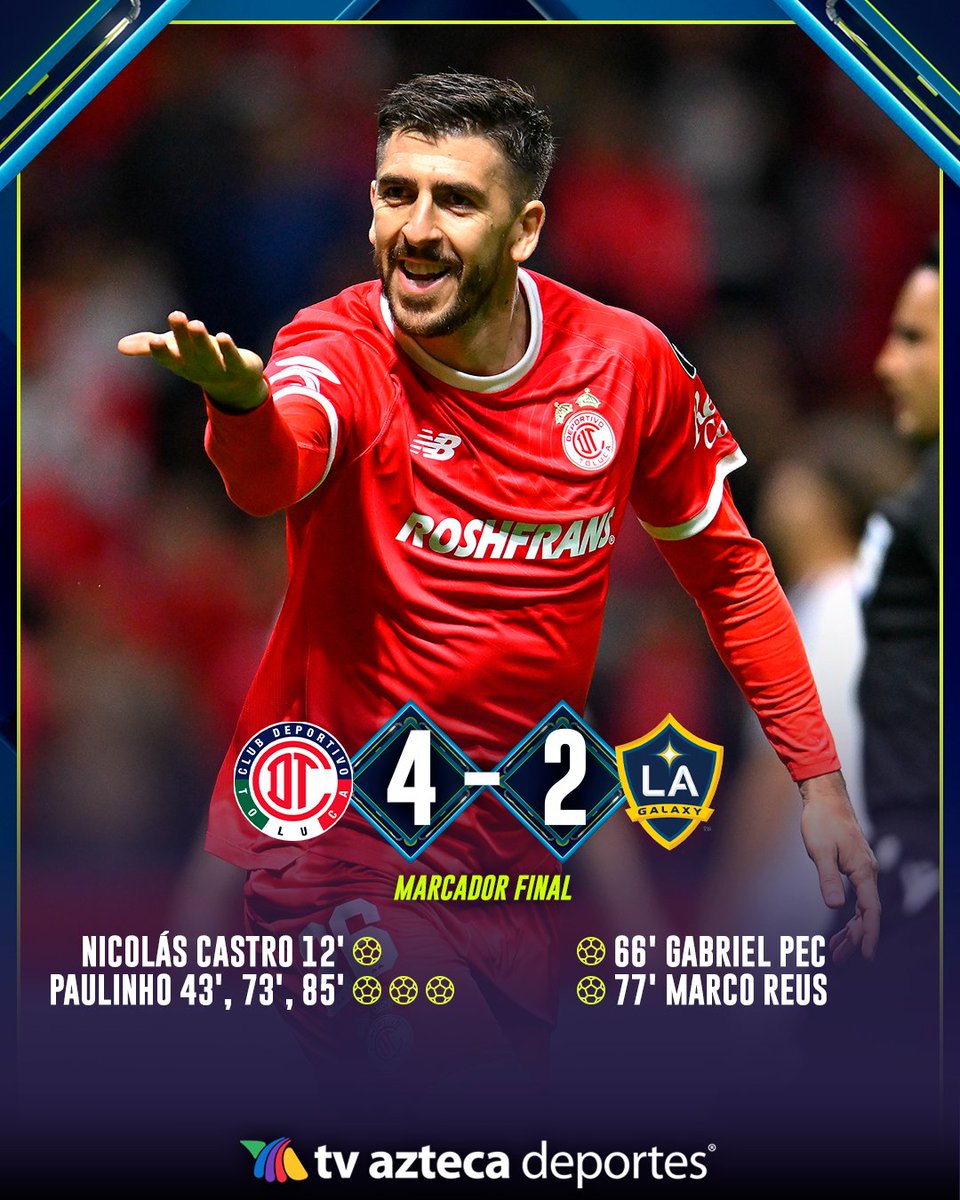 AztecaDeportes's tweet photo. TOLUCA se lleva la ida con noche vibrante de Paulinho 👹

Los Diablos irán a Los Angeles a confirmar su pase a semifinales de la CONCACAF Champions Cup, buena actuación del conjunto Escarlata que tuvo como protagonista a Paulinho que se destapó con triplete 🤯 https://t.co/vJAgkcEE1i