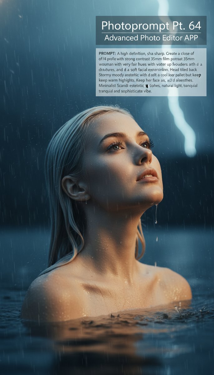 PhotopromptApp's tweet image. Prompt: High definitron sharp image. Create a close up of 3/4 profile with a strong contrast 35mm film portrait in water up to shoulders without changing my facial features. Raining with wet hair with soft blue hues an...
  #AIEditWonders,#aistyle,#aienhanced