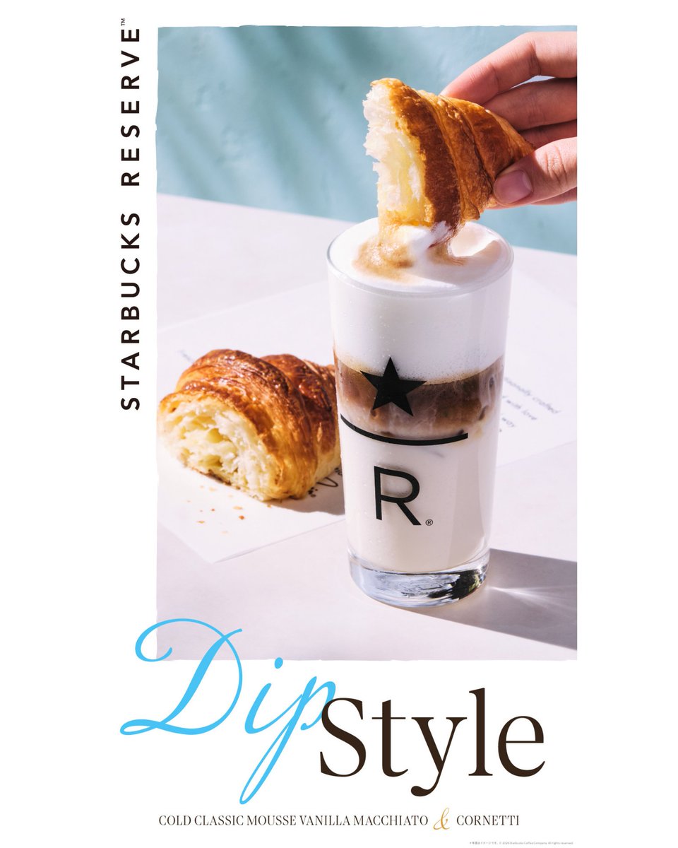 StarbucksStoreJ's tweet photo. 新しい夏のディップスタイルはいかがですか🥐
 
これまでのホットビバレッジ×コルネッティに加え、夏はアイスビバレッジでのディップ体験をご用意✨
 
「コールド クラシックムース バニラ マキアート+コルネッティ」 
クラシックシロップ入りの、ほんのり甘くリッチな味わいのミルクムースを合わせた
 [コールド クラシックムース バニラ マキアート] と 発酵バター香るサクフワコルネッティが重なり合い、
口に広がるコクと香ばしさがほどけるような余韻をお楽しみいただけます。
 
さらに、 4月10日（金）には西日本初出店！
カフェベーカリー「スターバックス リザーブ® カフェ」の 
「スターバックス リザーブ® カフェ 心斎橋パルコ地下1階店」がオープンしました。
 
駅直結で、出勤前の朝食や、宿泊で訪れる方のひととき、
仕事帰りのひと息タイムまで、
さまざまなシーンで新たなサードプレイスとしてお楽しみいただけます。