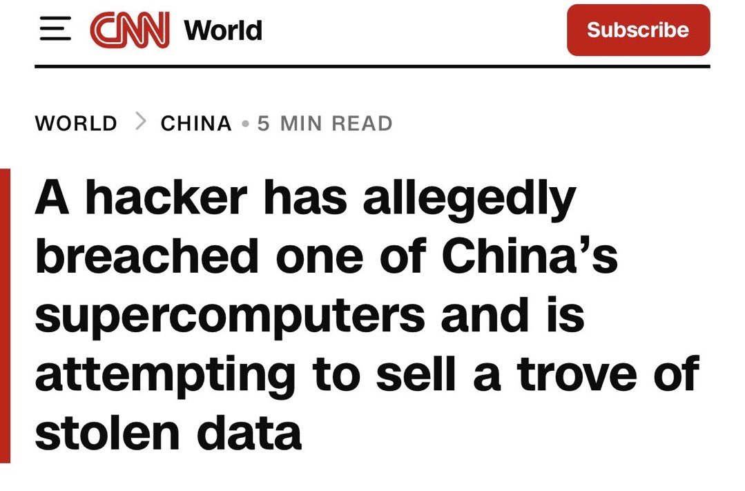 ادعاء على الإنترنت: هاكر يقول إنه اخترق حاسوبًا فائقًا تابعًا للدولة الصينية وسرق أكثر من 10 بيتابايت من البيانات