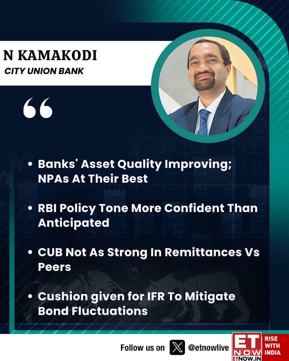 ETNOWlive's tweet image. #OnETNOW | N Kamakodi flags improving asset quality with NPAs at their best, sees a more confident Reserve Bank of India stance, while noting gaps in remittances and IFR cushion aiding bond volatility 

#Banking #RBI #AssetQuality #NPAs #CityUnionBank #Finance @cubltd