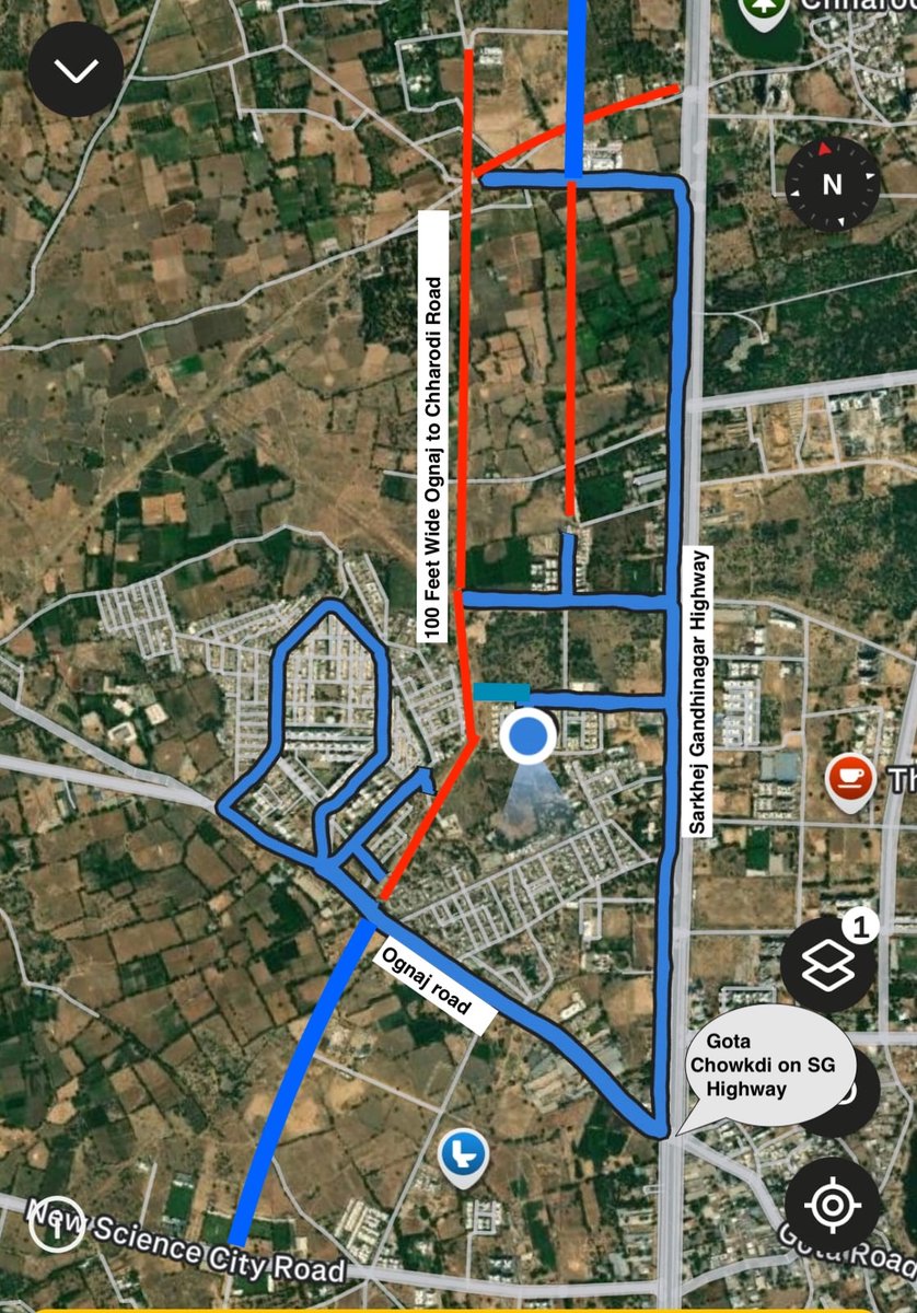 VoiceOfGota's tweet photo. @AMCommissioner @AmdavadAMC @AmdavadNxt @Bhupendrapbjp @CMOGuj @sanghaviharsh @RnBGujarat Pls decongest SG hiway at Gota Chowkdi by making long pending 100 ft wd TP (shown in red) rd frm Ognaj to Sardardham &amp; Charodi. Lack of Internal road in this area forces trafic onto main rd https://t.co/FKBiRFb9ae