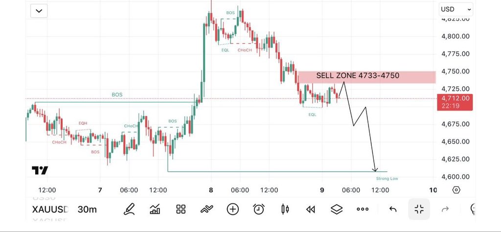 AnalysisMaster7's tweet photo. #XAUUSD Expecting Sell📚

suggesting a potential sweep before continuation. The sell zone (4733–4750) aligns with prior structure and supply, making it a high-probability reaction area

Wait for rejection candle / lower timeframe CHoCH inside the zone

TG https://t.co/bnXWERv8ly https://t.co/rgyaWlnuO1