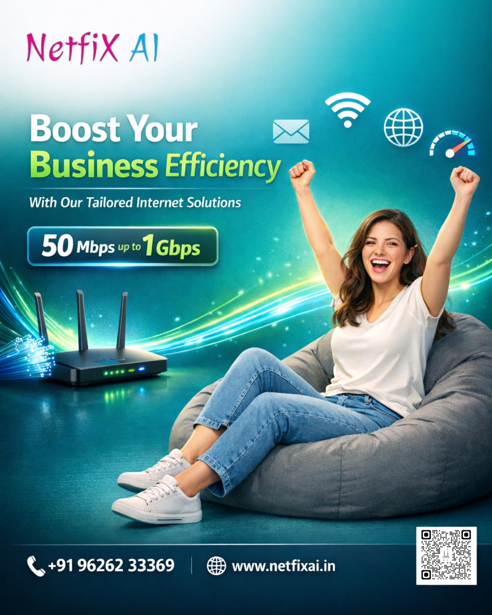 Netfixai's tweet photo. Boost your business like never before 🚀
Say goodbye to slow internet &amp; hello to seamless speed with Netfix AI

📞 +91 96262 33369
🌐 https://t.co/YZOJJ3k80V
#NetfixAI #BusinessInternet #HighSpeedInternet #StartupIndia #OfficeSetup #DigitalGrowth #FiberInternet #WorkSmart https://t.co/TZHl9AiAde