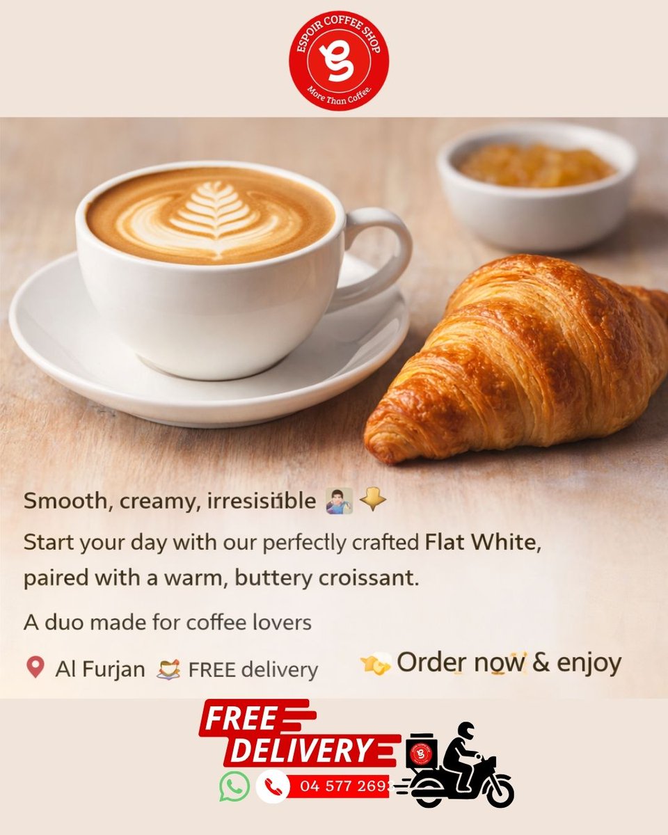 bakesuae73535's tweet image. Simple mornings done right ☕ 🥐

A smooth, velvety flat white paired with a fresh, buttery croissant—the perfect combo to start your day.

Rich coffee. Flaky perfection.
🚚 FREE delivery within Al Furjan

#FlatWhite #Croissant #BreakfastVibes #DubaiCoffee #AlFurjan #CoffeeLovers