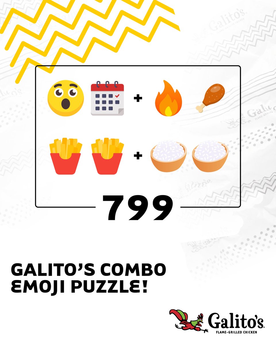 galitoske's tweet photo. Can you guess the Galito’s order from these emojis? 🤔🔥
1️⃣ Drop your answer below &amp; tag someone you’d share this with!
2️⃣ Follow @galitoske 
3️⃣ Winner will be selected by Galito’s!
🏆 Announced 15th Apr!
HINT: Only available once a week!
#BoldAfricanFlavour https://t.co/iJyMPSM1bc