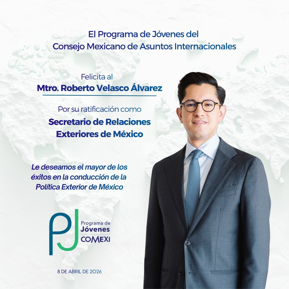 PJCOMEXI's tweet photo. Relevo generacional en la Política Exterior de México 🇲🇽 | Tras la felicitación del @comexiac, el Programa de Jóvenes reconoce y felicita al Mtro. @r_velascoa por su ratificación como Secretario de Relaciones Exteriores @sremx 👏

🧵 1/2 https://t.co/Vlgo6wfKKR