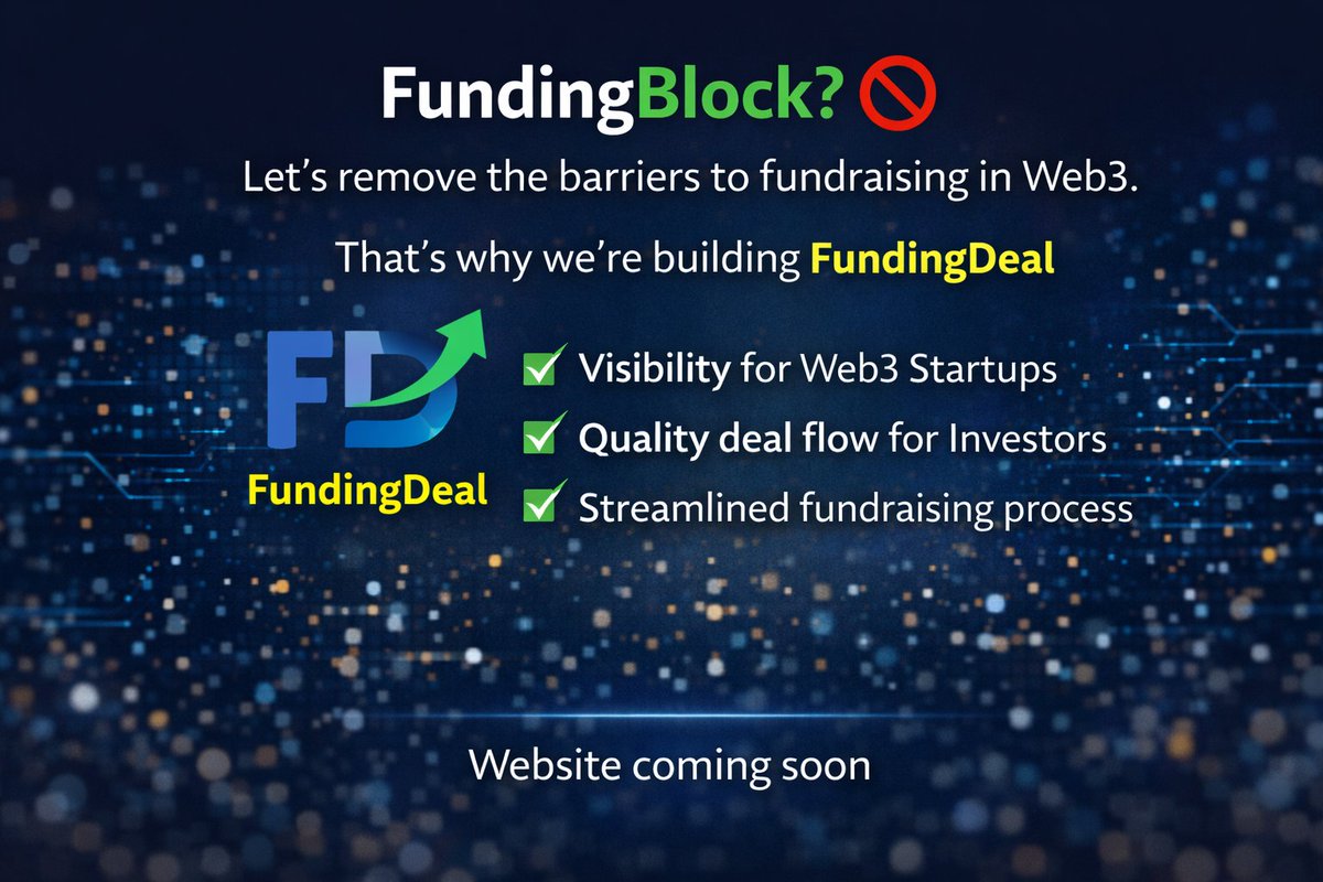 fundingdeal's tweet photo. Funding Block? 🚫
Let's remove the barriers to fundraising in Web3
That's why we're building FundingDeal
✓ Visibility for Web3 Startups
✓ Quality deal flow for Investors
✓ Streamlined fundraising process
#FundingDeal #Web3Funding #CryptoFunding #StartupFunding #Web3Startups #VentureCapital #Web3Investors #DealFlow #CryptoVC #Fundraising 🚀
Website coming soon