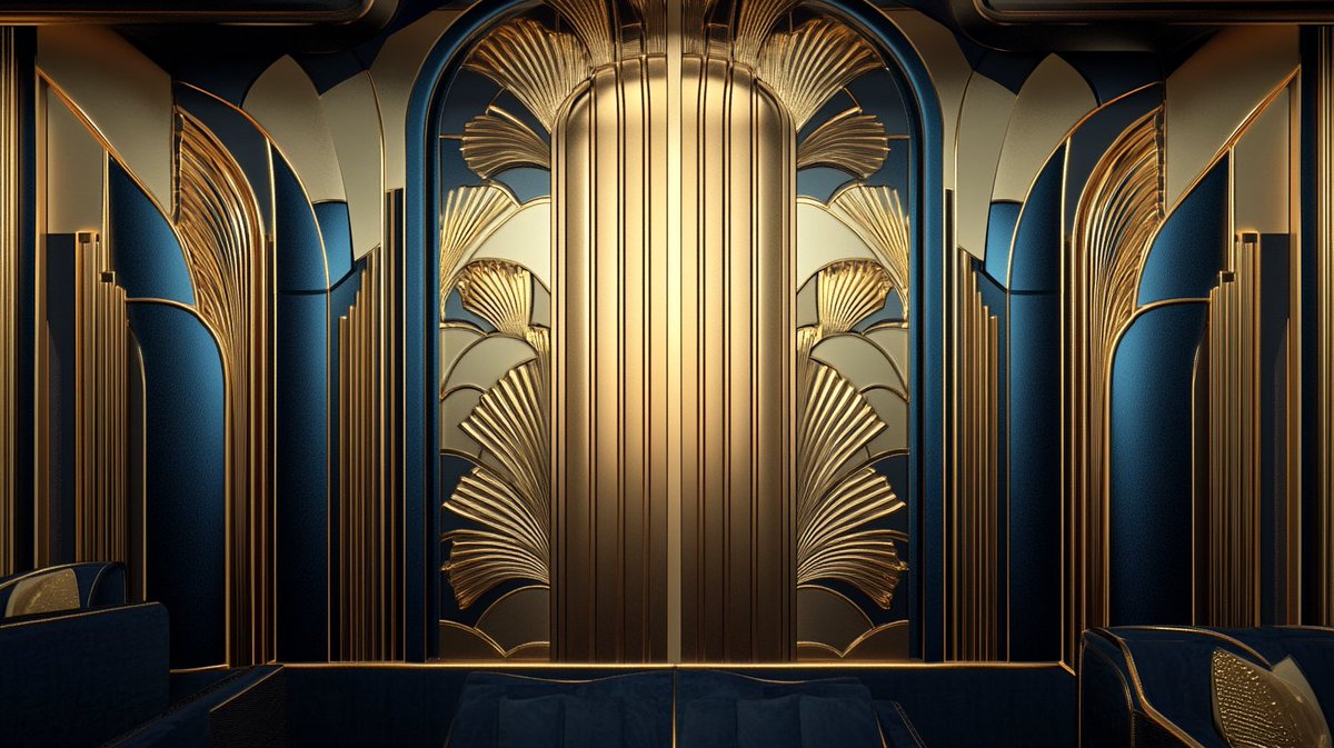 phokuinc's tweet image. #Artdeco style interior deco wall design with parametric wall and gold and blue paneling, Interior Design #midjourney #moodboard