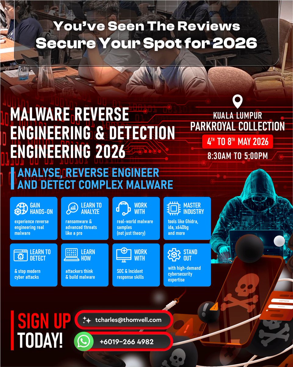 csa2o27's tweet photo. 🚀  Real feedback. Real experience. Real impact.

Dive into real-world 𝐦𝐚𝐥𝐰𝐚𝐫𝐞 𝐚𝐧𝐚𝐥𝐲𝐬𝐢𝐬—learning how to systematically dissect, understand, &amp; detect modern threats using proven methodologies from the author of Malware Analysis &amp; Detection Engineering . https://t.co/v5oyaC2tnV
