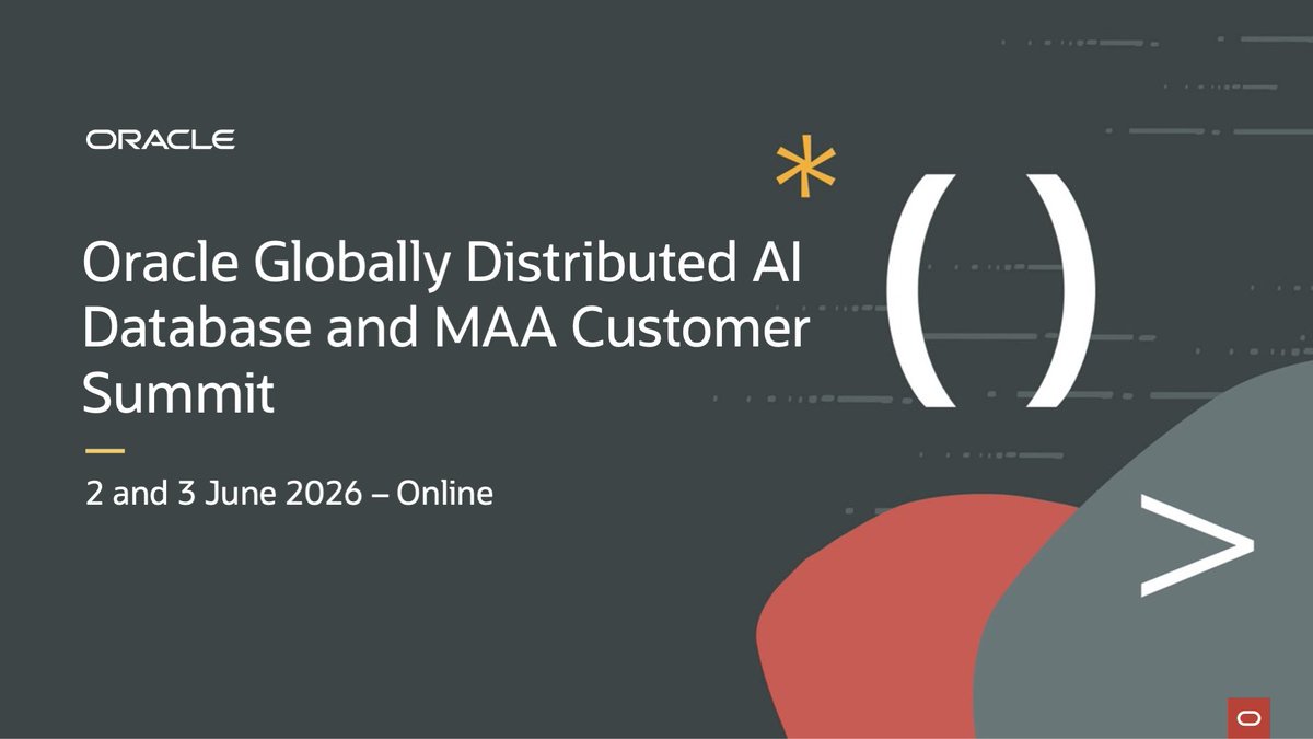 fcomunoz's tweet photo. Join us online for the Oracle Globally Distributed AI Database & MAA Customer Summit 2026.

Hear from Oracle leaders on AI Database 26ai, Globally Distributed AI Database, Data Guard, Active Data Guard, multicloud MAA, Exadata, RAC, AC/TAC, and True Cache.

📅 June 2–3, 2026
🌐 Free online event

Register now at: https://t.co/tBQJ3MNRJx

More details at: https://t.co/tdPxFQQwPb

#Oracle #OracleDatabase #AIDatabase #MAA #HighAvailability #DisasterRecovery #Multicloud @oracleace @OracleDatabase @oracleugs