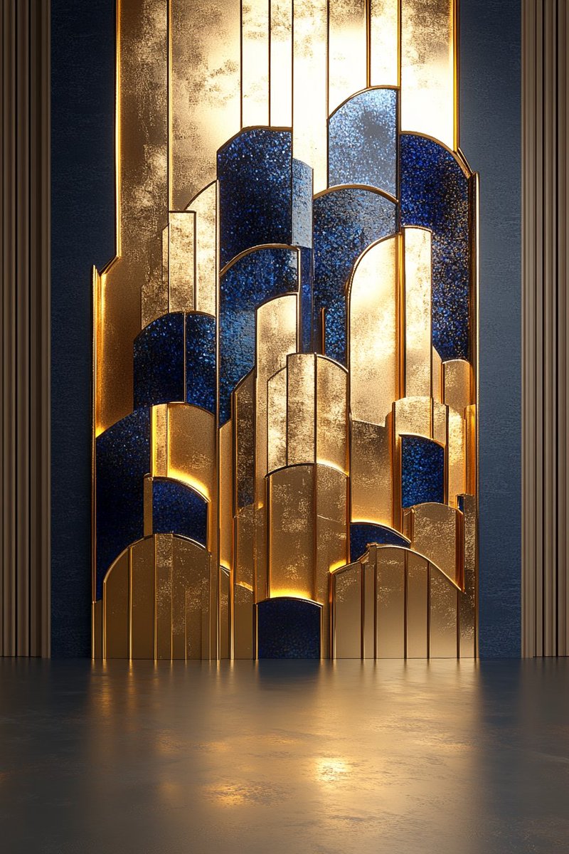 phokuinc's tweet image. #Artdeco style interior deco wall design with parametric wall and gold and blue paneling, Interior Design #midjourney #moodboard