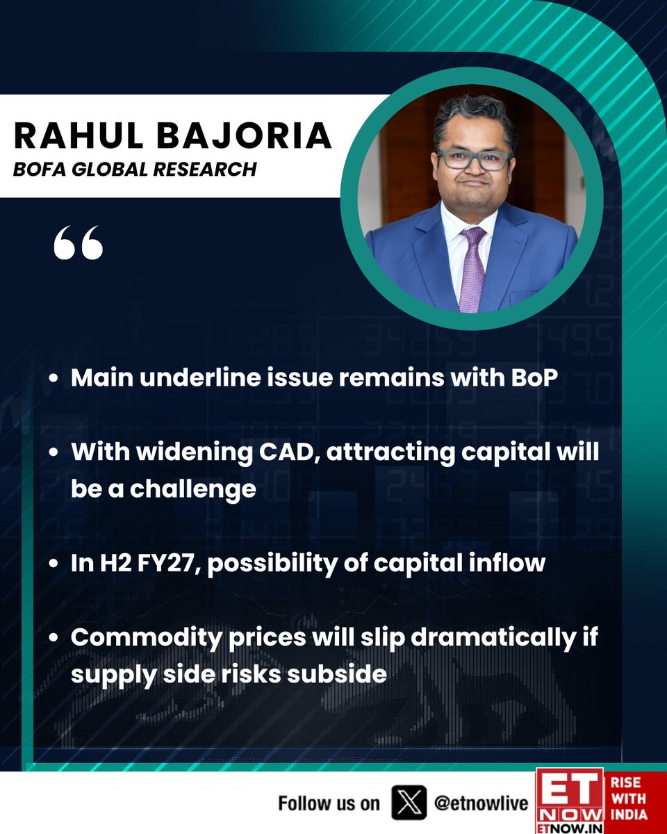 ETNOWlive's tweet image. #OnETNOW | "With widening CAD, attracting capital will be a challenge," says Rahul Bajoria of BofA Global Research 

Here are his views on the 'main underline issue', capital inflow and commodity prices👇

@RahulBajoria_ #capital #commodity #currentaccountdeficit