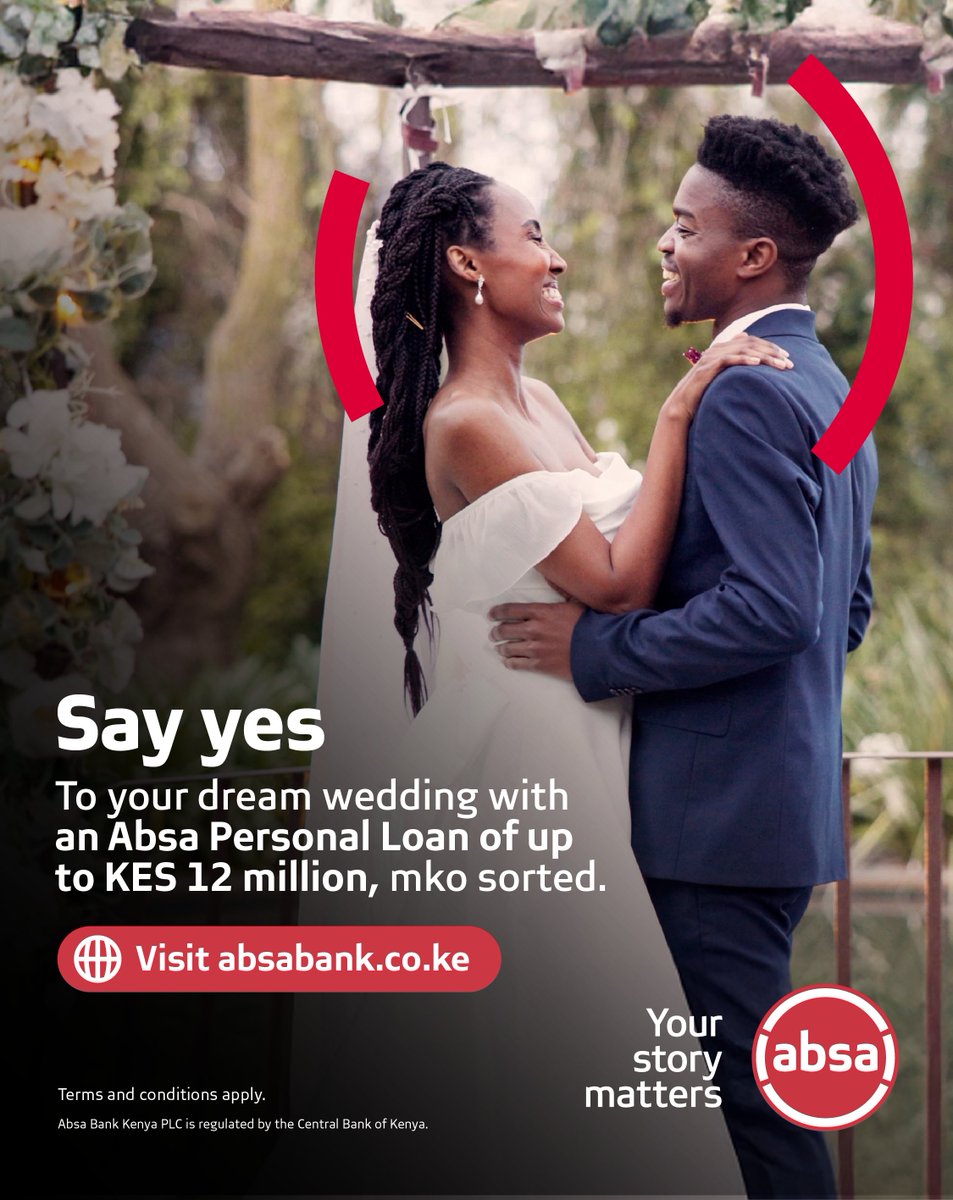 AbsaKenya's tweet photo. Your big day should be about love, laughter & moments that live with you forever, not financial stress.โ
Say yes to your dream wedding with an #AbsaPersonalLoan & bring every detail to life.
Get started: https://t.co/JLwjUEDyxB
#SayYesWithAbsa #WeSeeYourStory #YourStoryMatters https://t.co/2MoETmQCEy