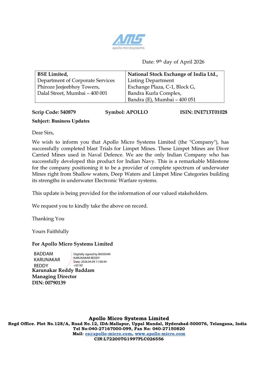 Anvith_'s tweet image. 💥 Apollo Micro Systems successfully completed blast trials for Limpet Mines, used in Naval Defence. 

AMS is the only Indian company to develop this product for the Indian Navy.

🚫 No Recommendation 

#ApolloMicroSystems #Defence #AMS