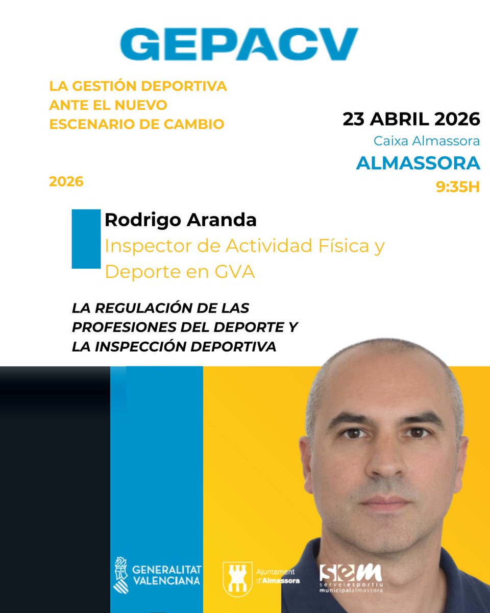 gepacv's tweet photo. 🚨 Dentro de la jornada “La gestión deportiva ante el nuevo escenario de cambio”

23/04 · Almassora
Rodrigo Aranda
👉 Regulación profesional
👉 Inspección deportiva

🕤 9:35h

Inscripciones: https://t.co/qA5OhdWPpr https://t.co/unBasw988I