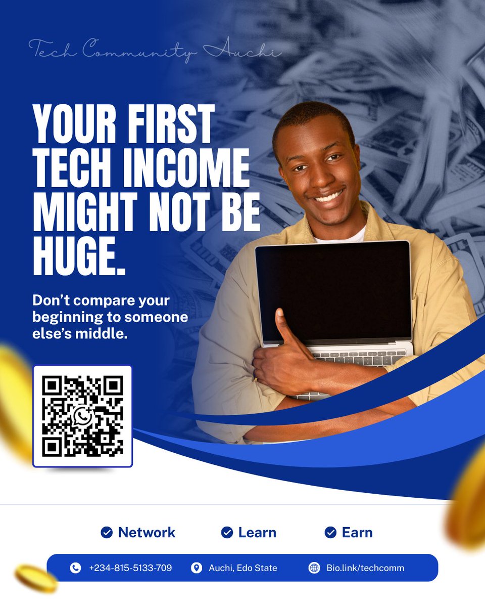 TechComAuchi's tweet photo. Your first tech income won’t be huge.
And that’s okay.

Focus on:
- Learning a skill
- Building small projects
- Getting your first client

₦20k → ₦50k → ₦100k

Growth is gradual. https://t.co/xeSVJeOYVS