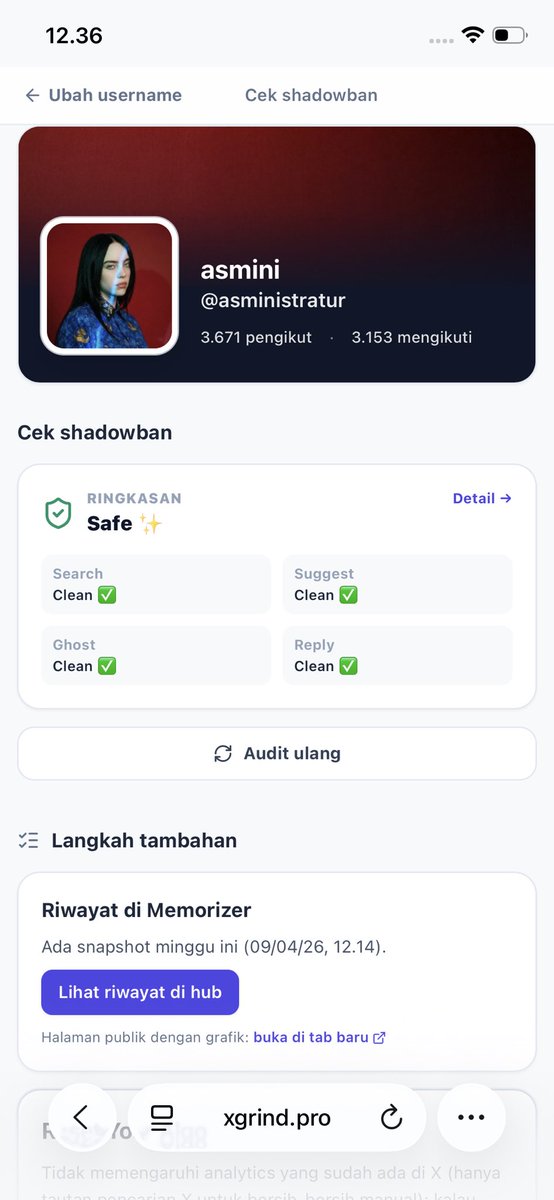 asministratur's tweet photo. Ku lanjutkan perjuanganmu @xgrind_agent

Para cenblu coba yang sering kena sb merapat!!!

Bayangin ada Shadowban checker yang bisa cek kesehatan akun kamu... 

Kamu tinggal ketik username,  
trus bisa langsung cabut ninggalin halaman.  

Sekarang aku rilis fitur baru Shadowban Hub akses di https://t.co/gU7zoKfRPi

Fitur baru ini bisa reset algo,  
hapus reply spam,  
hapus post yang bikin akunmu kena paused/suspend/shadowban.  

Intinya?  
Satu tempat buat bantu akunmu balik keliatan lagi.  

Riwayat snapshot di Memorizer juga udah ada biar kamu bisa pantau progress tiap hari.  

Mau coba?