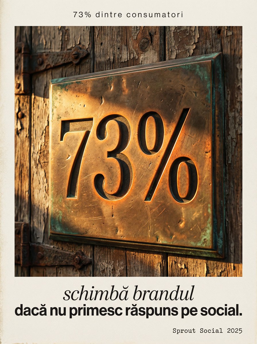 ivorycreative1's tweet photo. 73% dintre consumatori schimbă brandul dacă nu primesc răspuns pe social (Sprout 2025). Concurentul răspunde în 4 minute pentru că are sistem. Construim sisteme de răspuns pentru afaceri mici. WhatsApp 0775 579 706 #socialmediaromania #customerservice #marketingromania #ivory https://t.co/QbWlrNp8Lq