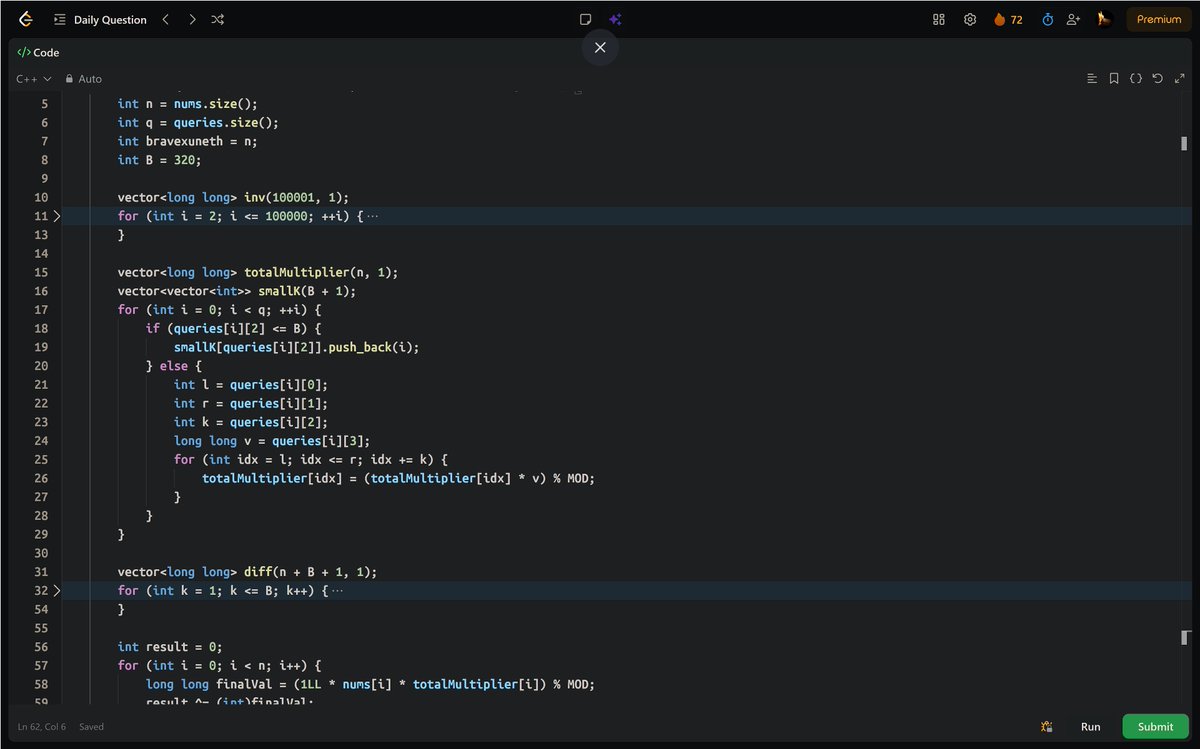 PankajB42550's tweet photo. 🚀 Solved: XOR After Range Multiplication Queries II (@LeetCode Daily)

Classify queries by step size k. Small k: difference arrays grouped by (k, l%k). Large k: direct simulation.

📊Complexity:
O((n+q)×√n) | O(n+q) 
🔥 #Day72/90

#LeetCode #DSA #SquareRootDecomposition #XOR https://t.co/QMPZlGFFWu