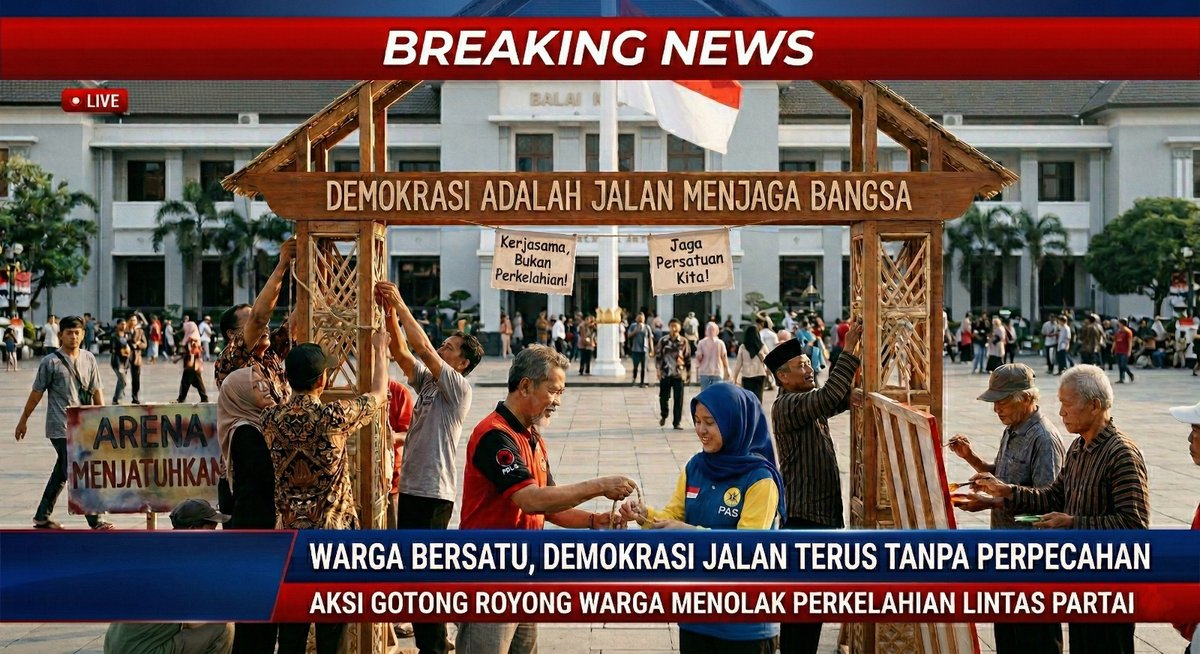Aksi Gotong royong warga menolak perkelahian lintas partai, Demokrasi Bukan Arena Menjatuhkan Melainkan Jalan Menjaga Bangsa #DemokrasiDamai #JagaDemokrasiAman