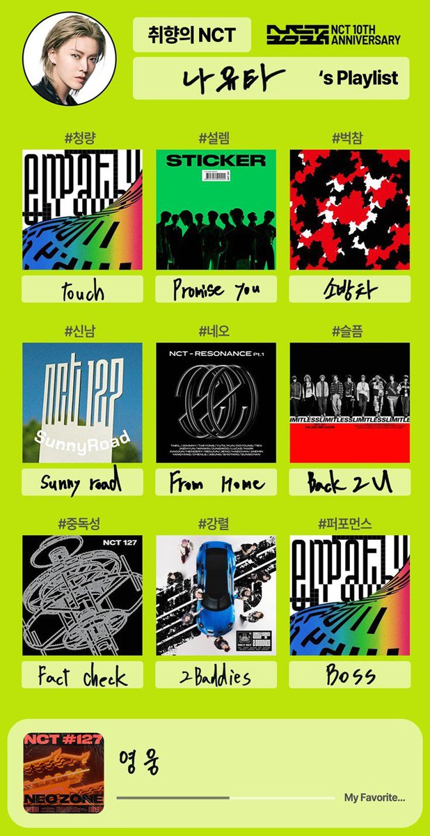 YUTACENTRAL's tweet photo. NCT 127 Playlist for 10th Anniversary (YUTA)

​Refreshing: Touch
Heart-fluttering: Promise You
Overwhelming: Fire Truck (소방차)
Exciting: Sunny Road
Neo: From Home
Sadness: Back 2 U
Addictive: Fact Check
Intense: 2 Baddies
Performance: Boss
My Favorite: Kick It (영웅)

​#YUTA #中本悠太 #ユウタ #유타