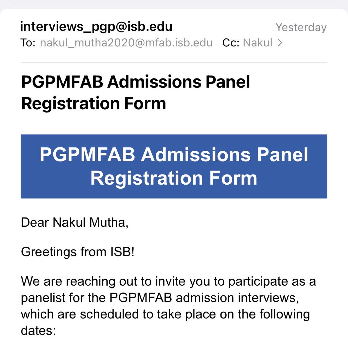 NakulMutha's tweet image. Honoured to be on the ISB admissions panel. From student to interviewing future leaders of Indian business, truly a full-circle moment. #isb #honoured #interviewer