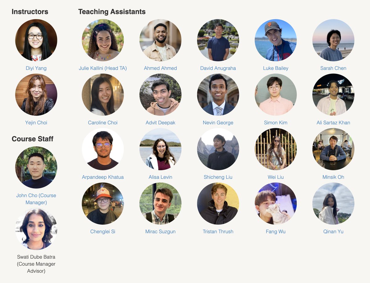 JulieKallini's tweet photo. A bit belated, but last quarter I had the privilege of serving as Head TA for CS224N, Stanford’s NLP course.

It was such a joy to teach alongside @Diyi_Yang  and @YejinChoinka, and to lead an incredible team of TAs. I wanted to share a few personal highlights! https://t.co/QLAVLbZAxF