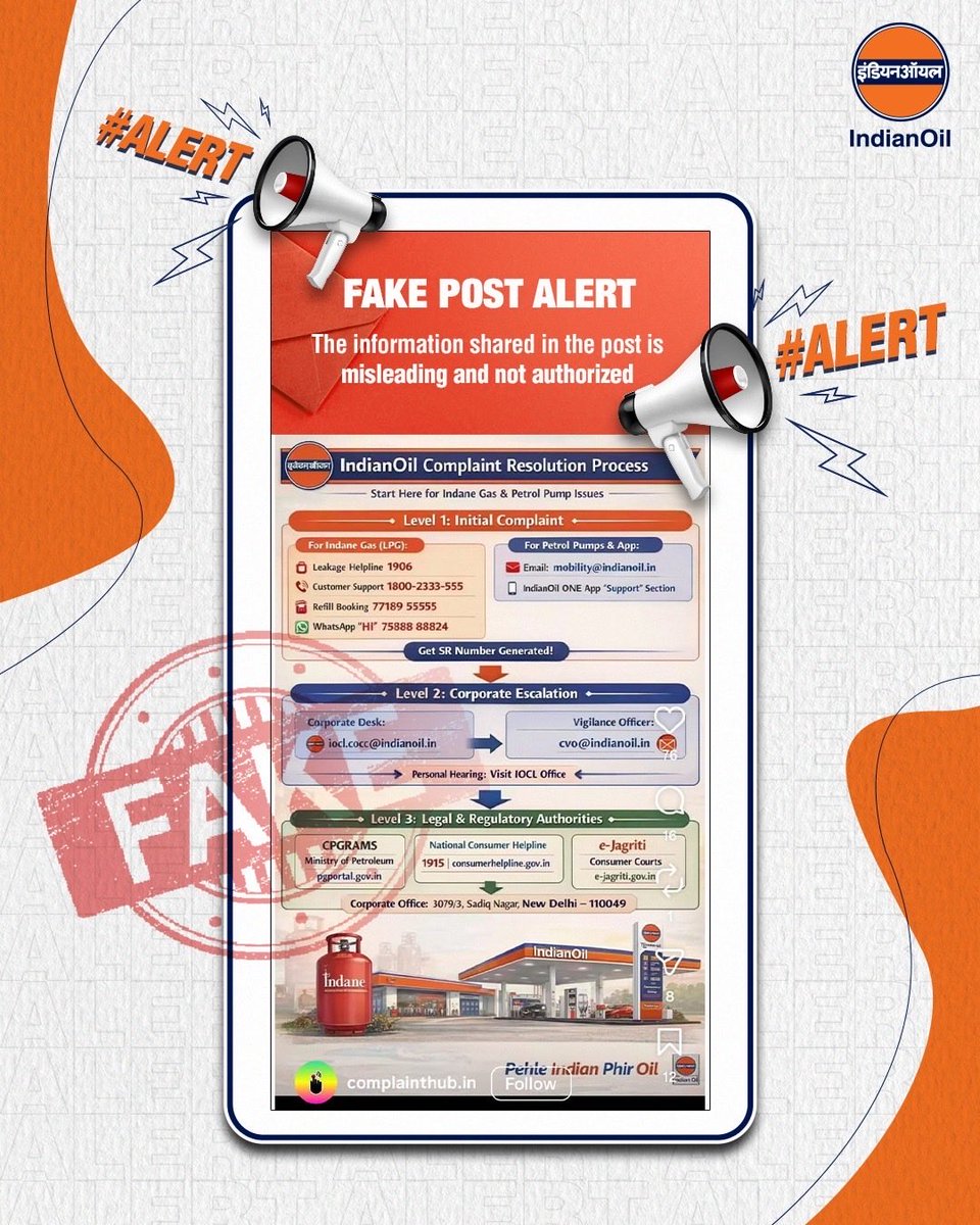 IndianOilcl's tweet photo. 🚨 *Fake Post Alert*

A misleading post is being circulated. Please do not rely on unverified information and always follow *official platforms* for authentic updates. Your awareness is your protection.

For any LPG-related concerns, customers can reach us through:
*Toll Free:* 1800 2333 555
*Customer Portal:* https://t.co/wGlRNPf90v
*IndianOil ONE App*
*IOCL WhatsApp Bot (VIBA):* 7588888824

Customers may also raise complaints via our social media handles.

*For LPG leakage emergencies, call 1906 (24×7).*

More details on Indane Divisional Offices:
https://t.co/Dtj7UTH1A1]

#FakePostAlert #StayAware #IndianOil #StayCalmIndia

@HardeepSPuri @PetroleumMin @Secretary_MoPNG @neerajmittalias @ChairmanIOCL @sahneyas