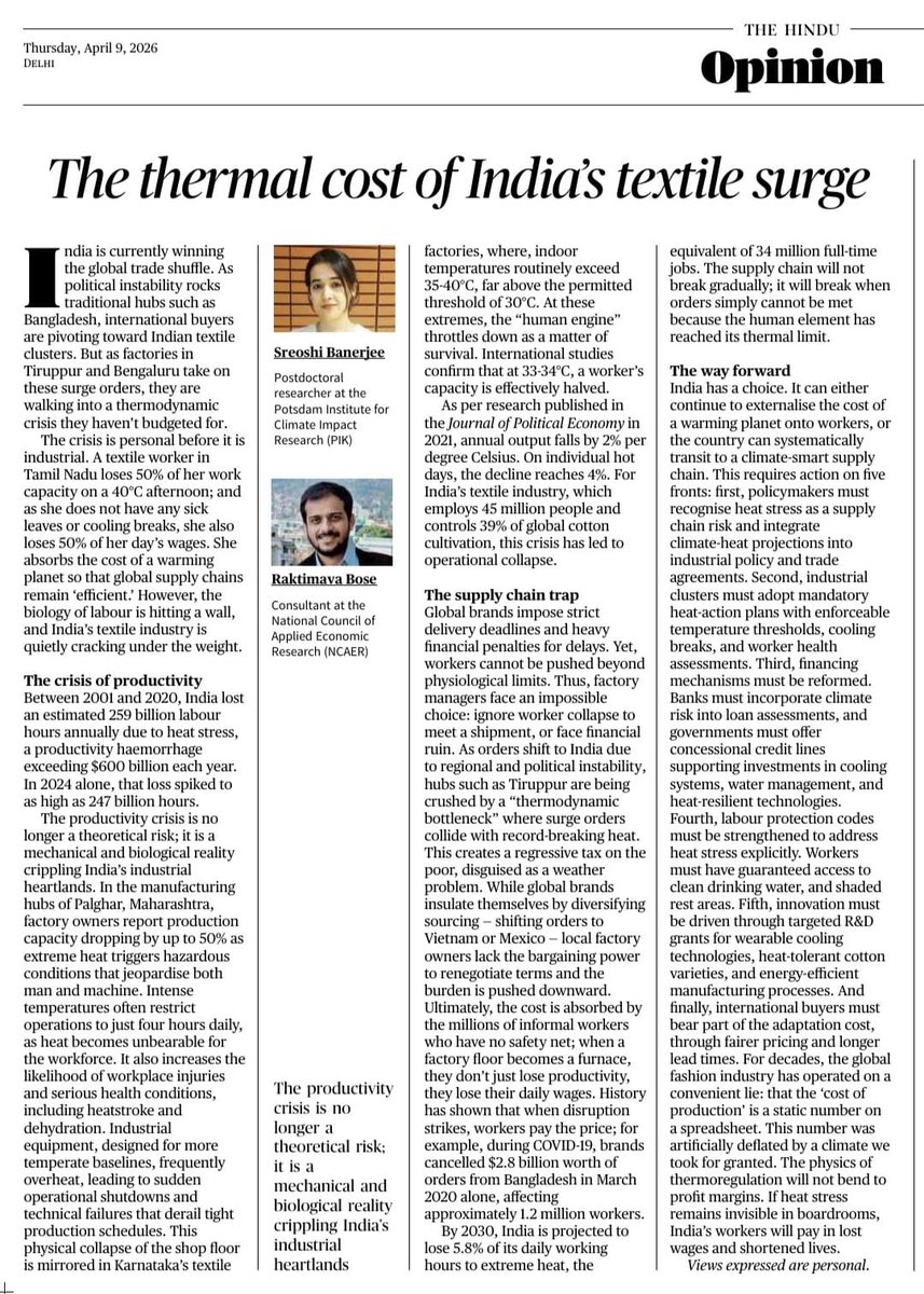 SreoshiTitli's tweet photo. 34 million full-time jobs. That is India's projected loss to extreme heat by 2030. Check our (with @RaktimavaBose) new op-ed on the "thermodynamic bottleneck" threatening our textile industry in @the_hindu. 

Link 👇

https://t.co/ZleOUoUC6c https://t.co/sPKLjZ7Nde