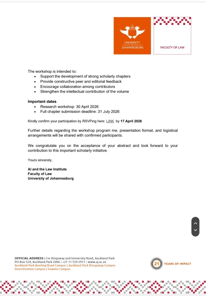 SilverKayondo's tweet image. Looking forward to joining the #AI and the #Law Institute at the University of Johannesburg (UJ) for an exciting excursion on Legal #Education in the Age of AI at the end of April.

Expertise is nolonger local. It's #global. Borders and jurisdictions are creatures of the mind.