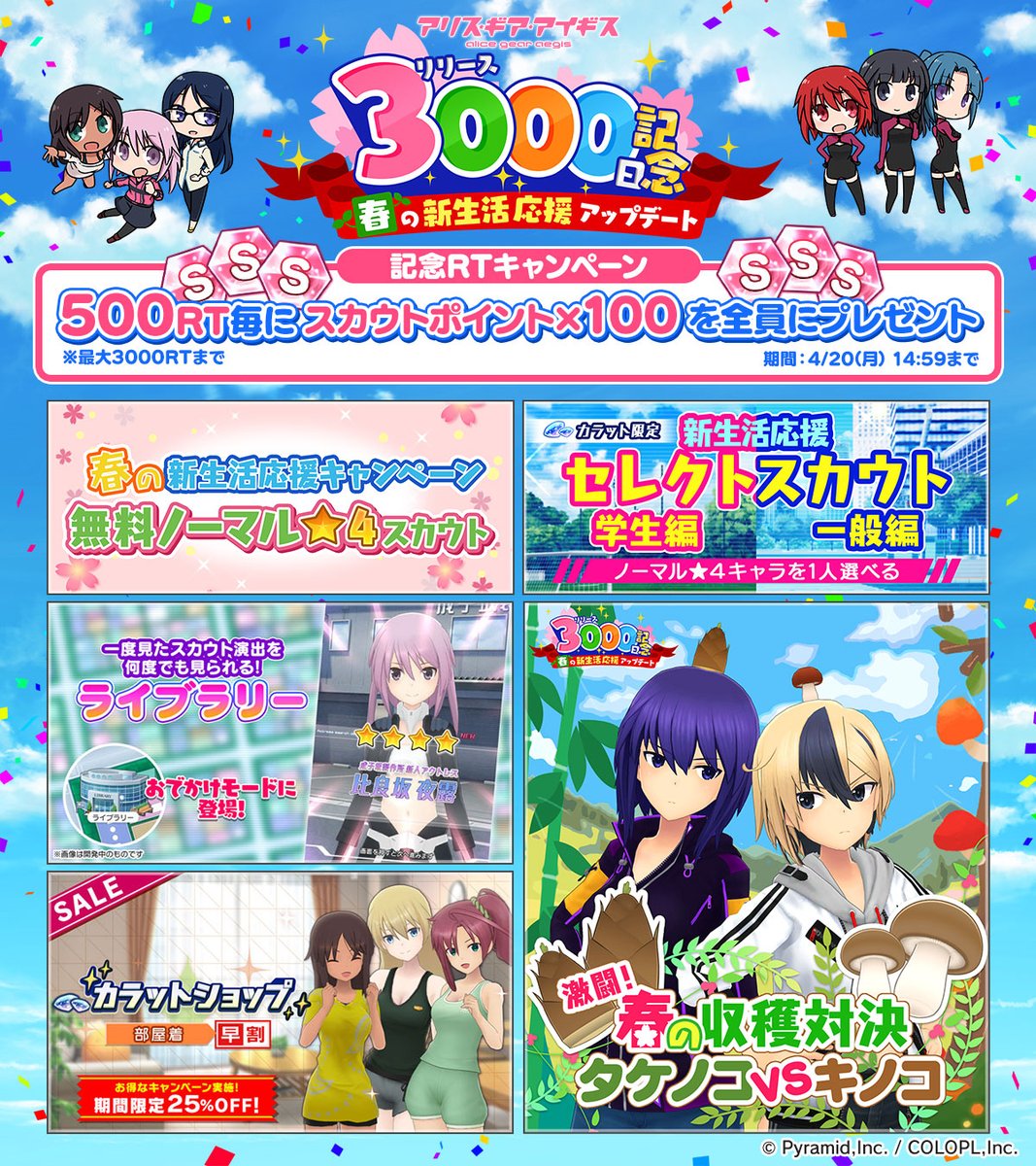 🔃このツイートをRT

㊗リリース3000日突破🎉
RT数に応じてスカウトポイントプレゼント🎁

🆓無料★4スカウトや各種アップデートも実施中♪
詳細はゲーム内をチェック‼
#アリスギア