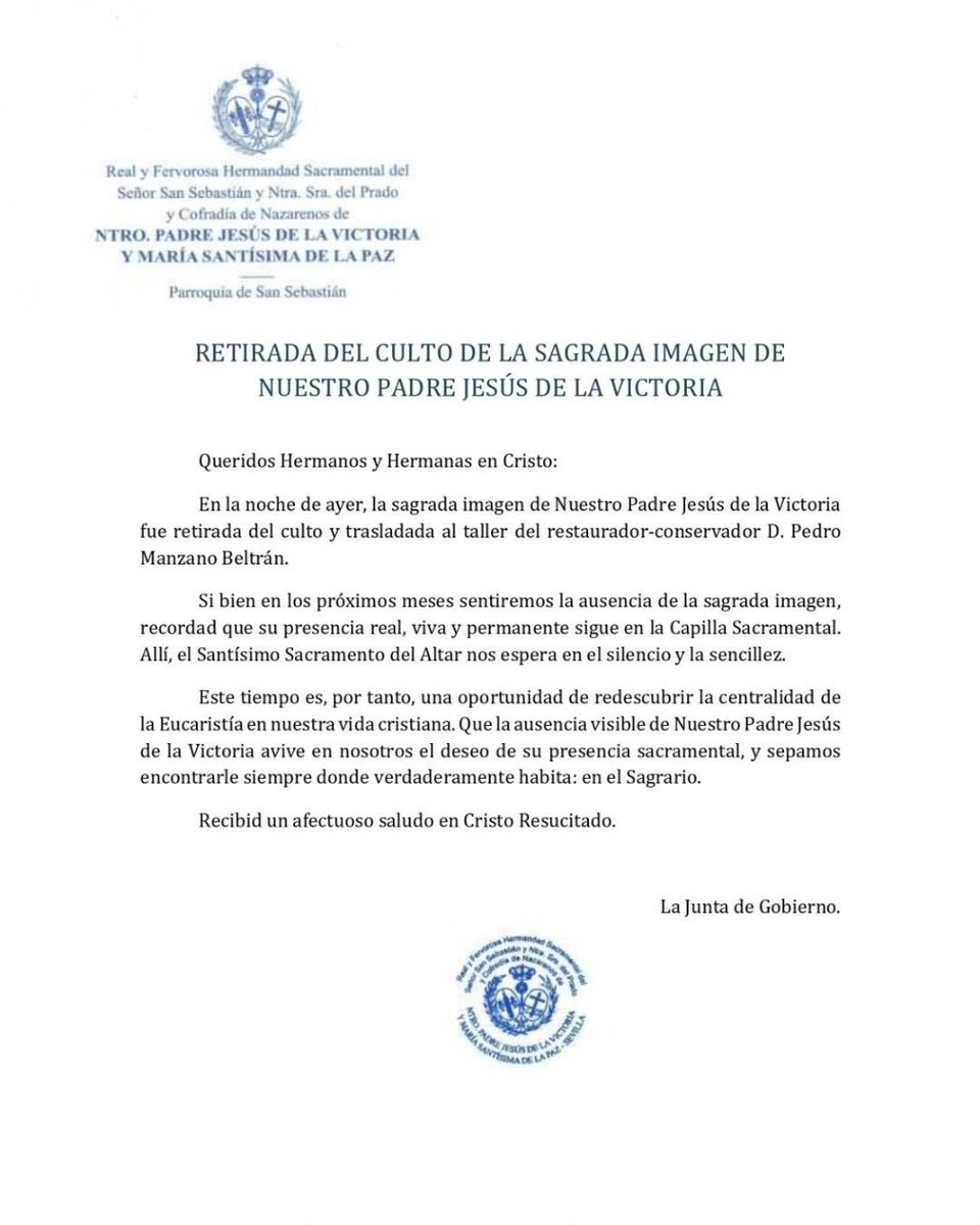 HERMANDAD | Comunicado sobre la retirada del culto de la Sagrada Imagen de Nuestro Padre Jesús de la Victoria