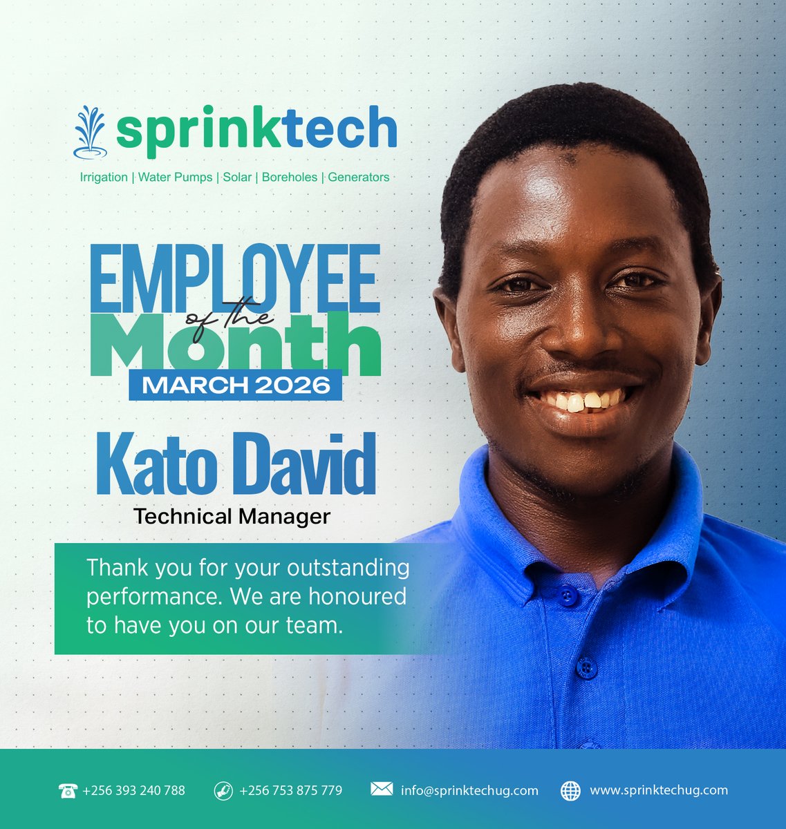 sprinktech's tweet image. Celebrating excellence at @sprinktech!

Kudos to Eng.Kato David  @Daviekats100, our Technical Manager, for being recognized Best Employee of the Month – March 2026.
#Sprinktech #EmployeeRecognition #TeamExcellence