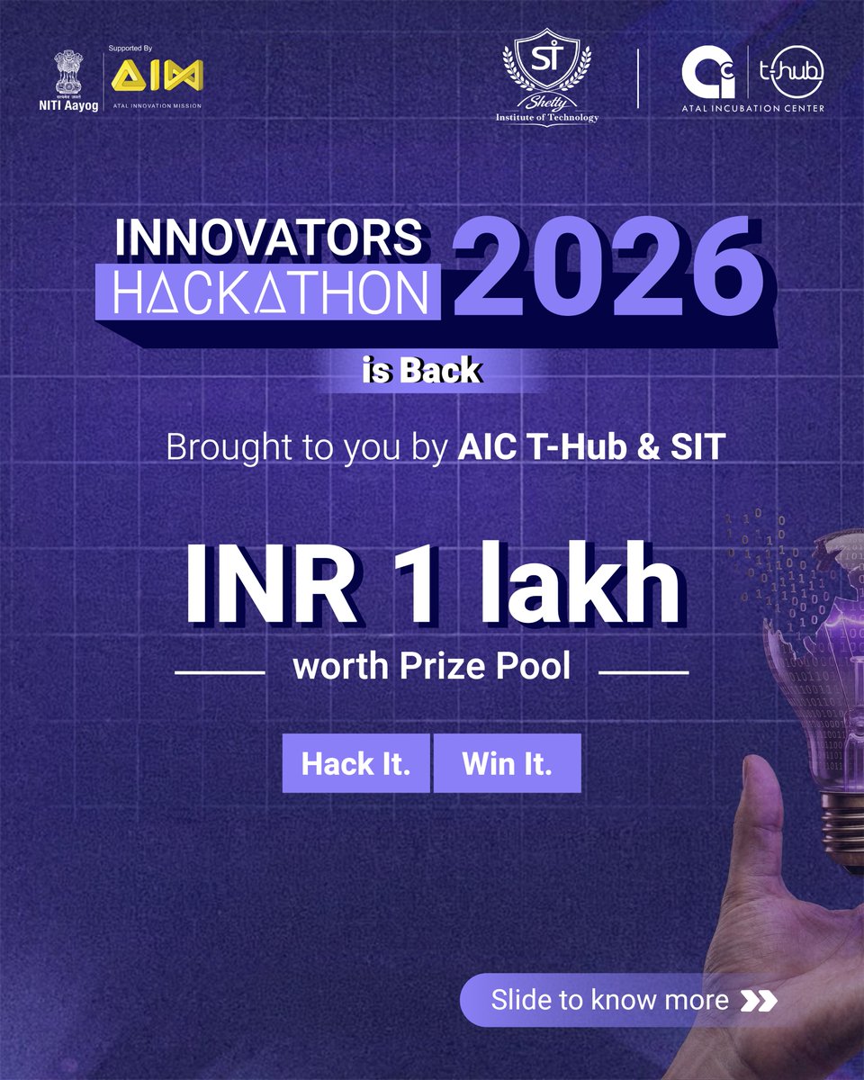 aicthub's tweet photo. AIC T-Hub × SIT Innovators Hackathon 2026 is here!

Inviting students &amp; early startups to participate and get ₹1L+ prizes, Access to the T-Hub ecosystem, Expert mentorship and MVP support for top 3 teams.

📅 Apr 21–22⏳ Deadline: Apr 17

Register Here: https://t.co/HVgCzfJSjU https://t.co/3Dm48NpzwZ