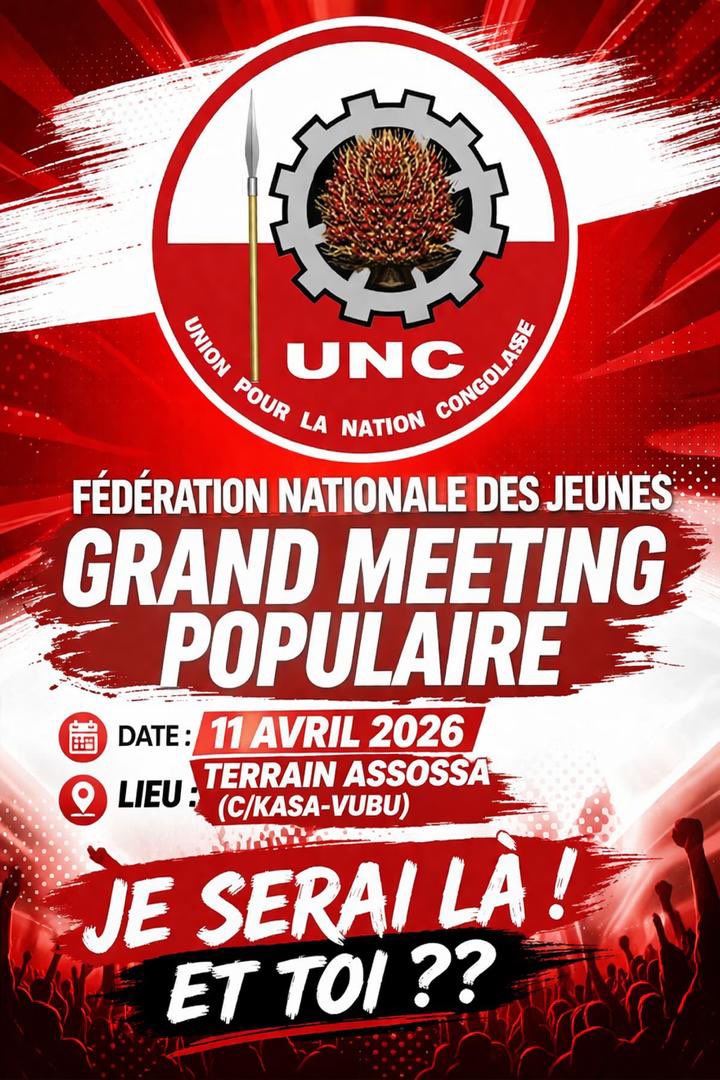 Le Parti <a href="/uncrdc/">UNC_RDC Officiel</a>, Fédération des jeunes se fixe un rendez-vous le 11 avril prochain au terrain assossa.

Une rencontre de haute facture à travers laquelle la question sur le rôle de cette tranche d’âge dans le développement du pays sera abordée.
<a href="/BillyKambale1/">Billy Kambale</a> <a href="/VitalKamerhe1/">Vital Kamerhe</a>