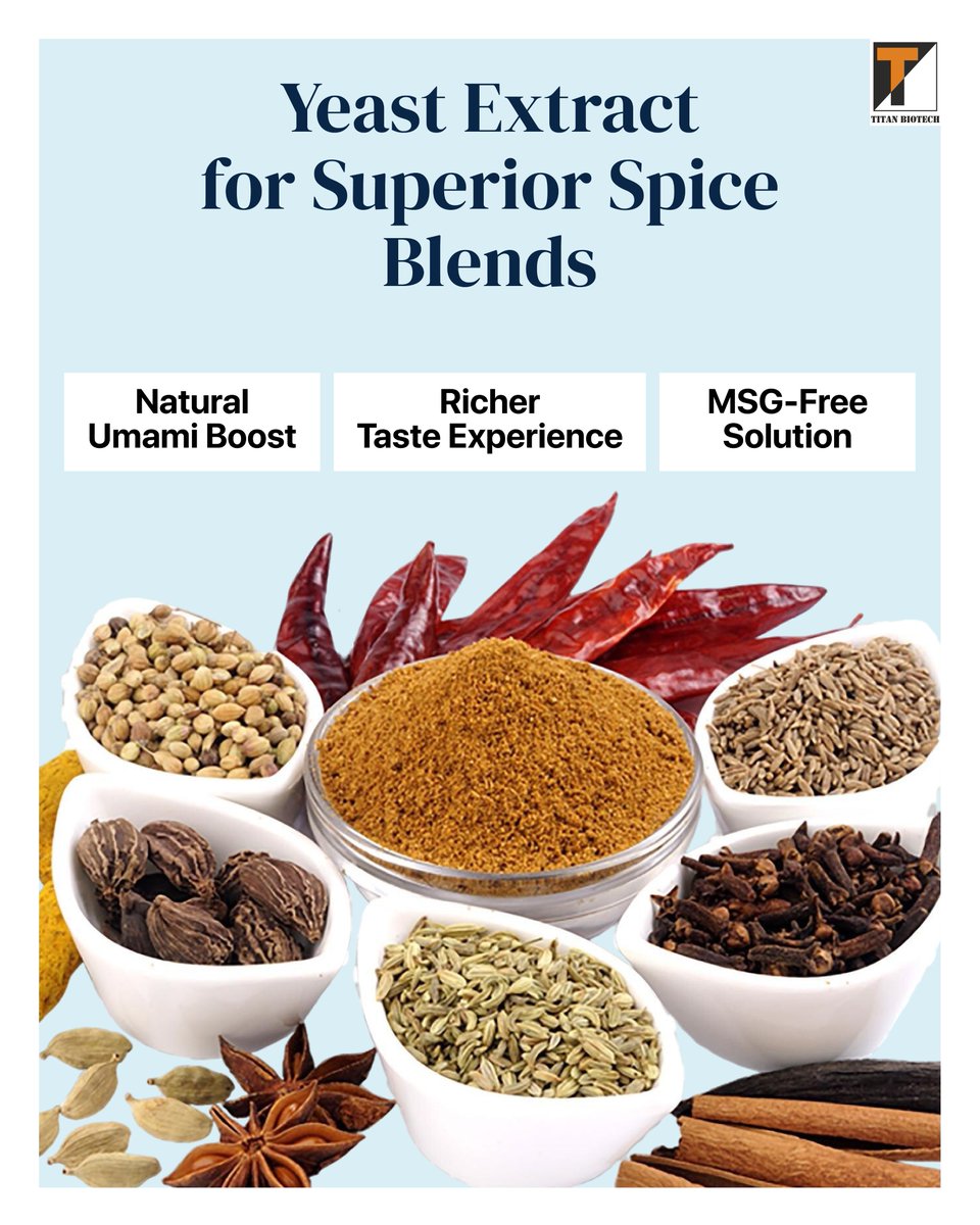 TitanBiotech's tweet image. Great spice blends leave a lasting impression.
Yeast Extract adds natural umami, rich flavor depth, &amp;amp; clean label appeal, no MSG, no shortcuts. Just authentic taste that stands out on the shelf.
Learn more: titanbiotechltd.com/food-ingredien…

#YeastExtract #UmamiFlavour #FoodIngredients