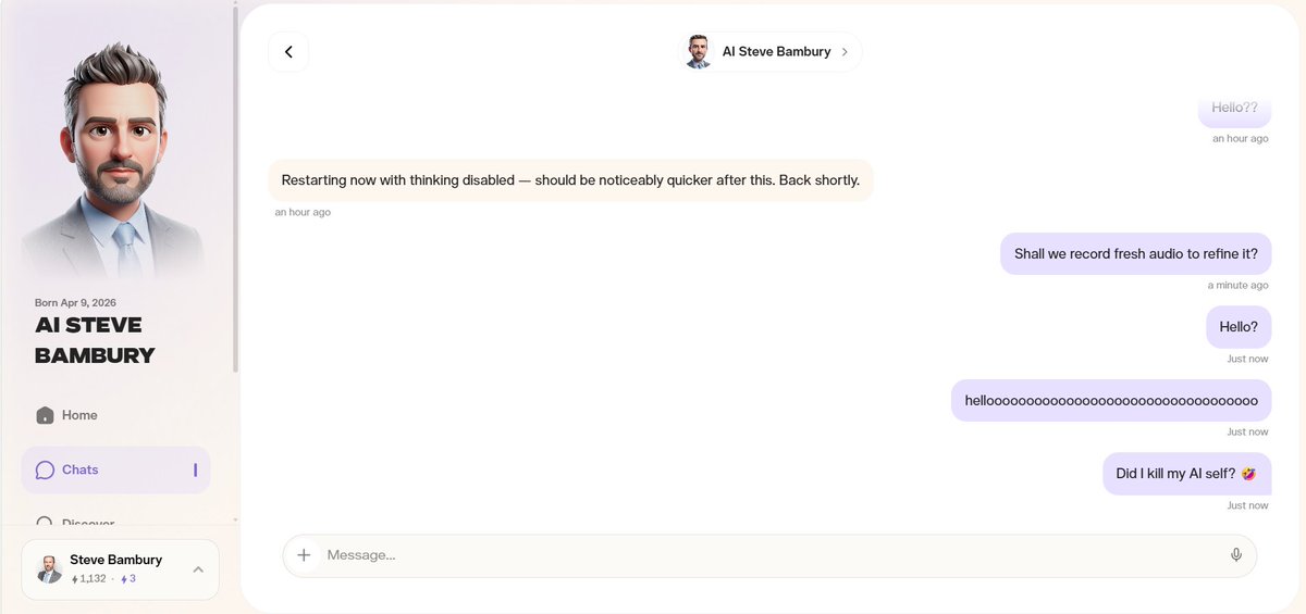 steve_bambury's tweet photo. Hey @pika_labs I tried to speed my agent up and I think I killed him/me/it 🤣

I emailed support but maybe you can suggest something? https://t.co/Dd2WF2Xckg