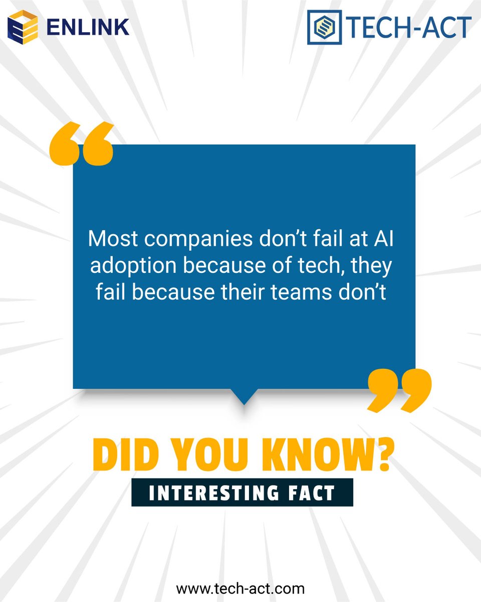 techact17's tweet photo. AI adoption isn’t a technology challenge—it’s a people challenge.

Organizations succeed when their teams are equipped with the right skills to understand, adapt, and apply AI effectively.

#DidYouKnow #AIAdoption #FutureOfWork #Upskilling #ArtificialIntelligence #TechAct #Enlink https://t.co/KRoVWmoRL7