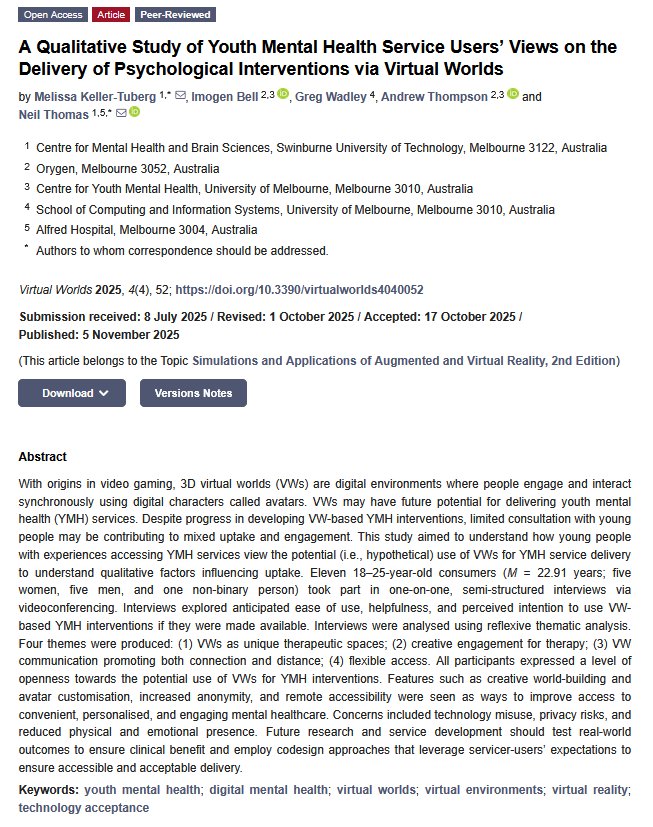 MdpiWorlds's tweet image. #VirtualWorlds #ParticularInterest 🌟

📑 Title: "A Qualitative Study of #Youth_Mental_Health Service Users’ Views on the Delivery of #Psychological_Interventions via #Virtual_Worlds"
👥 by Melissa Keller-Tuberg et al.

📍 Full article: brnw.ch/21x1qX6

#MDPIOpenAccess