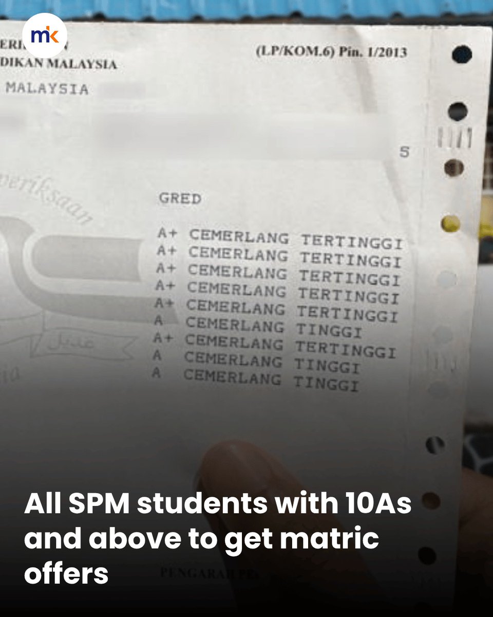 malaysiakini's tweet photo. The Education Ministry announced that all candidates who achieved 10As and above in the 2025 Sijil Pelajaran Malaysia (SPM) examination will be guaranteed a place in the Matriculation Programme for the 2026/2027 academic session. 

In a statement last night, it said that the offer, which covers 6,717 candidates, will be made automatically to all eligible applicants, irrespective of race or background. 

Full story: https://t.co/AY7sUxBx2f