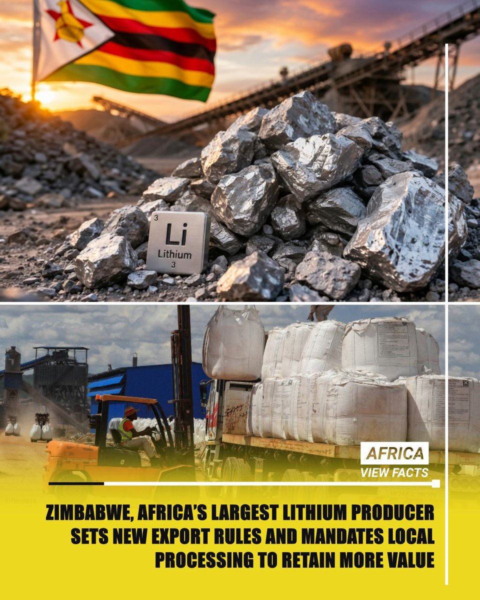 AfricaViewFacts's tweet photo. Zimbabwe 🇿🇼, Africa's biggest lithium producer, plans to tighten control over exports and increase local processing.

The government will require producers to commit in writing to build processing plants before shipments can resume.

Exports were halted earlier this year over concerns about under-reporting and lost revenue.

A 10% export tax remains until a full ban on unprocessed concentrate takes effect next year. Authorities aim to keep more value from the country’s lithium within Zimbabwe.