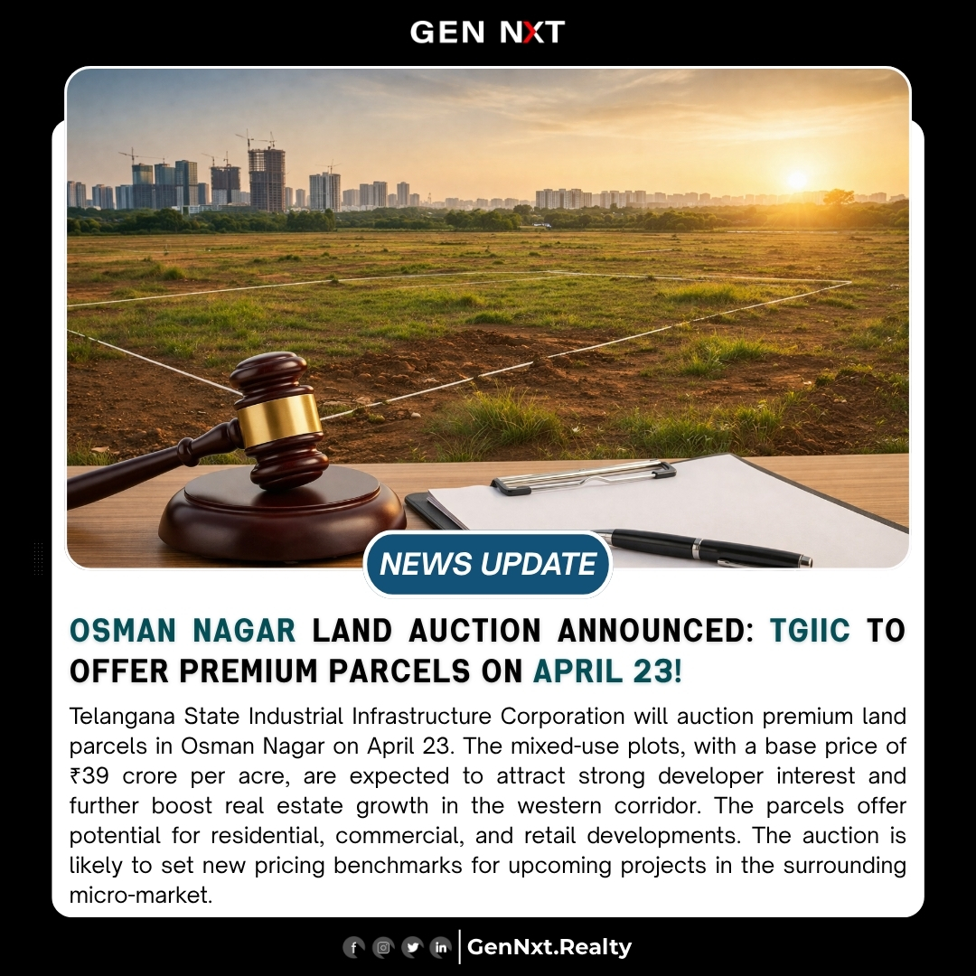 GenNxt_realty's tweet image. Osman Nagar Land Auction Announced! 📢

TGIIC to auction premium land parcels on April 23. With strong connectivity, mixed-use zoning, and proximity to IT hubs, the move will boost demand and set new price benchmarks in Hyderabad.

#OsmanNagar #LandAuction #TGIIC #GenNxtRealty